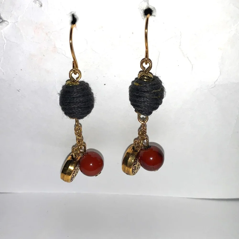 Bohemian Mixed‎ Media Drop Earrings Gold Tone Red Stone Grey Thread Bead Dangle